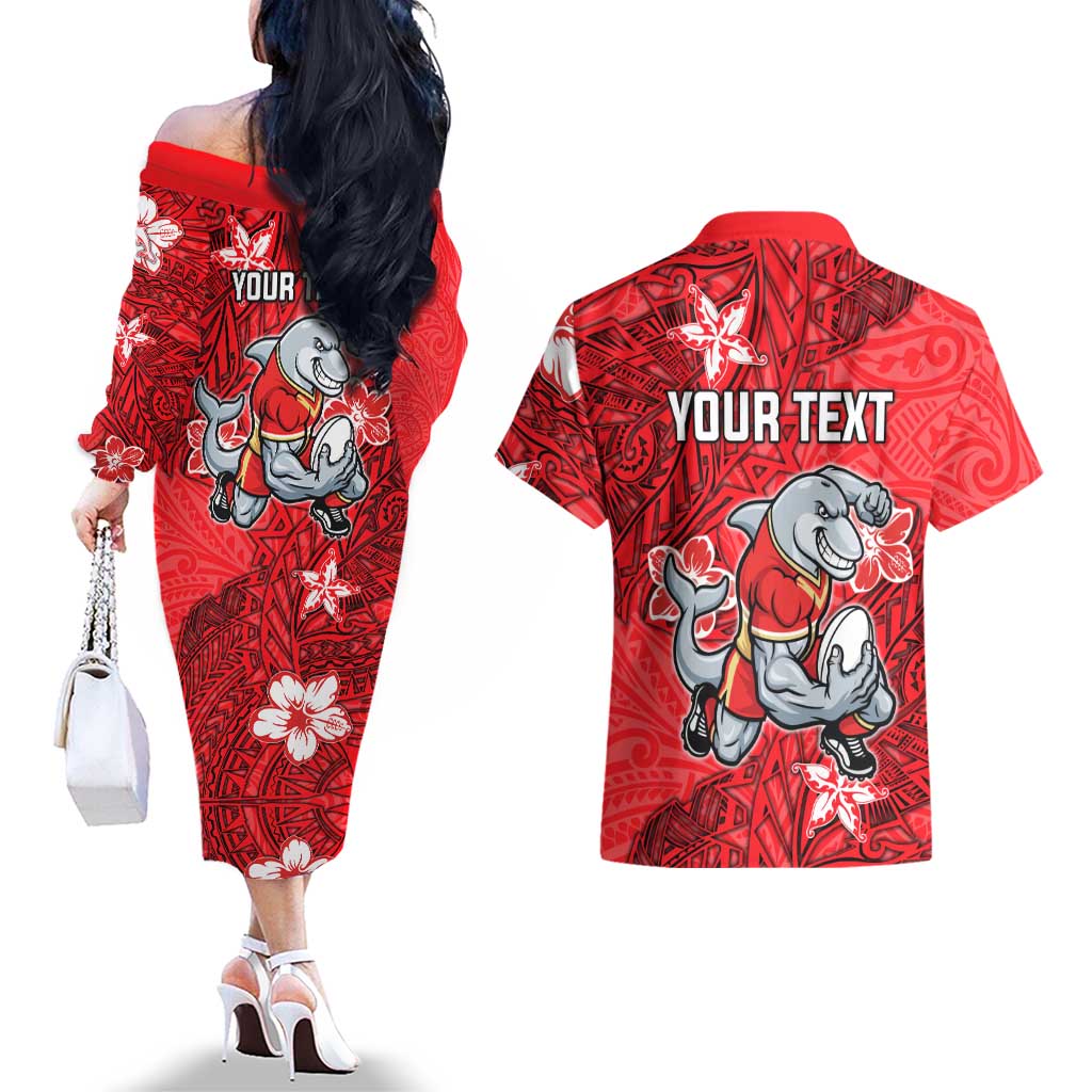 Personalised Dolphins Couples Matching Off The Shoulder Long Sleeve Dress and Hawaiian Shirt Polynesian Tribal Pattern With Rugby Dolphin Mascot Art