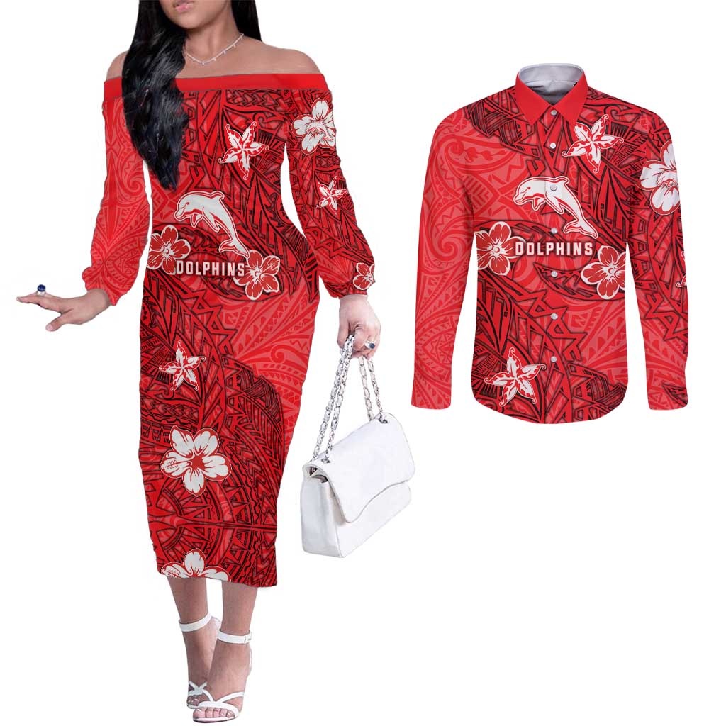 Personalised Dolphins Couples Matching Off The Shoulder Long Sleeve Dress and Long Sleeve Button Shirt Polynesian Tribal Pattern With Rugby Dolphin Mascot Art