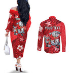 Personalised Dolphins Couples Matching Off The Shoulder Long Sleeve Dress and Long Sleeve Button Shirt Polynesian Tribal Pattern With Rugby Dolphin Mascot Art