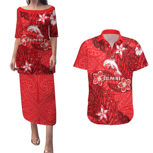 Personalised Dolphins Couples Matching Puletasi and Hawaiian Shirt Polynesian Tribal Pattern With Rugby Dolphin Mascot Art