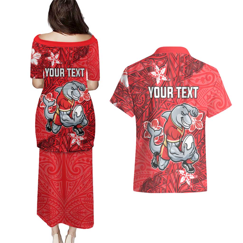 Personalised Dolphins Couples Matching Puletasi and Hawaiian Shirt Polynesian Tribal Pattern With Rugby Dolphin Mascot Art