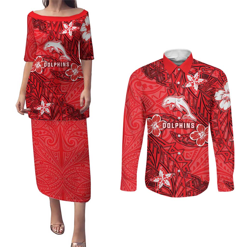 Personalised Dolphins Couples Matching Puletasi and Long Sleeve Button Shirt Polynesian Tribal Pattern With Rugby Dolphin Mascot Art