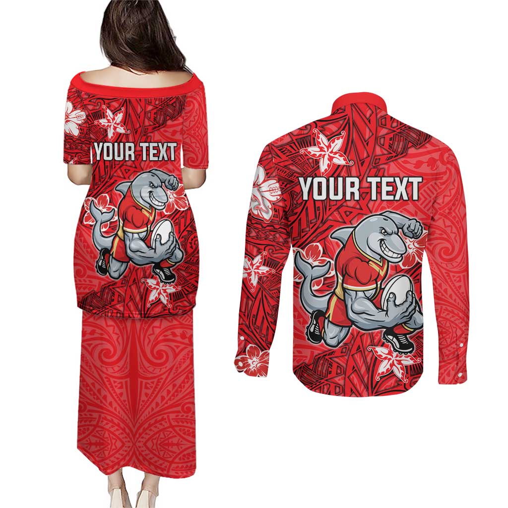 Personalised Dolphins Couples Matching Puletasi and Long Sleeve Button Shirt Polynesian Tribal Pattern With Rugby Dolphin Mascot Art