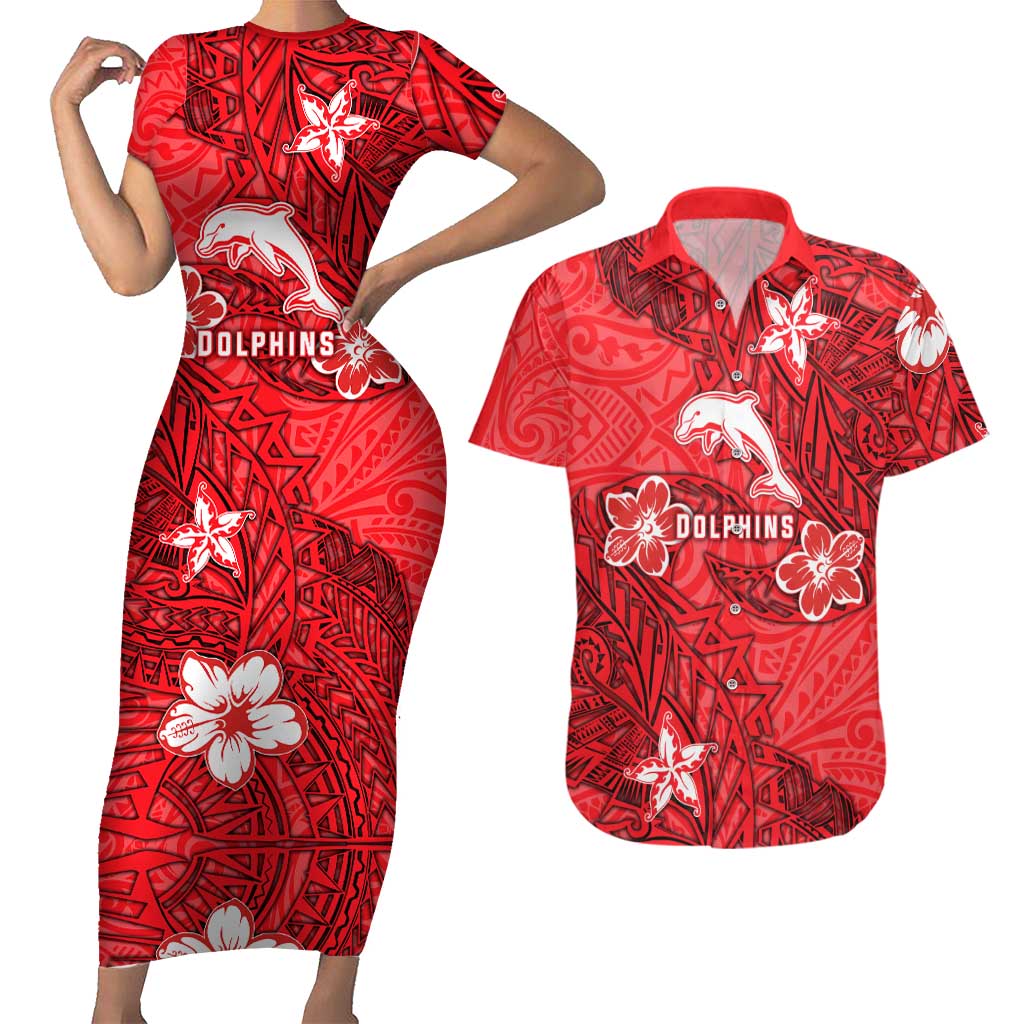 Personalised Dolphins Couples Matching Short Sleeve Bodycon Dress and Hawaiian Shirt Polynesian Tribal Pattern With Rugby Dolphin Mascot Art