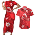 Personalised Dolphins Couples Matching Short Sleeve Bodycon Dress and Hawaiian Shirt Polynesian Tribal Pattern With Rugby Dolphin Mascot Art