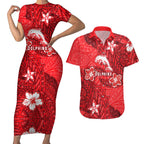 Personalised Dolphins Couples Matching Short Sleeve Bodycon Dress and Hawaiian Shirt Polynesian Tribal Pattern With Rugby Dolphin Mascot Art