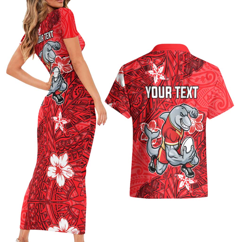 Personalised Dolphins Couples Matching Short Sleeve Bodycon Dress and Hawaiian Shirt Polynesian Tribal Pattern With Rugby Dolphin Mascot Art