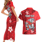 Personalised Dolphins Couples Matching Short Sleeve Bodycon Dress and Hawaiian Shirt Polynesian Tribal Pattern With Rugby Dolphin Mascot Art