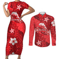 Personalised Dolphins Couples Matching Short Sleeve Bodycon Dress and Long Sleeve Button Shirt Polynesian Tribal Pattern With Rugby Dolphin Mascot Art
