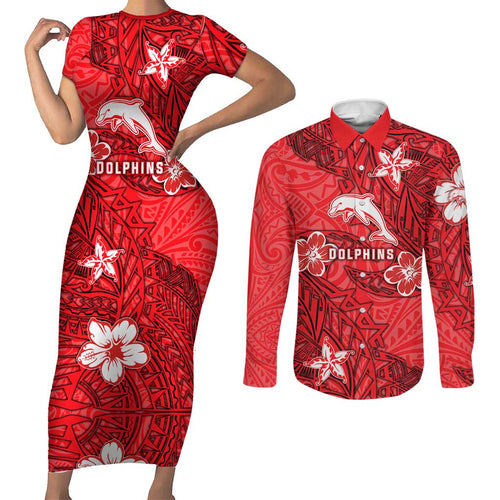 Personalised Dolphins Couples Matching Short Sleeve Bodycon Dress and Long Sleeve Button Shirt Polynesian Tribal Pattern With Rugby Dolphin Mascot Art