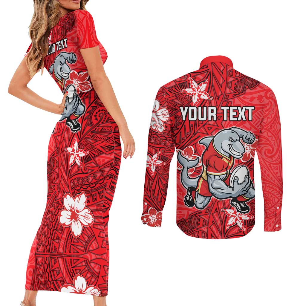 Personalised Dolphins Couples Matching Short Sleeve Bodycon Dress and Long Sleeve Button Shirt Polynesian Tribal Pattern With Rugby Dolphin Mascot Art