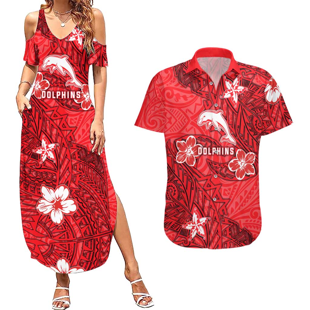 Personalised Dolphins Couples Matching Summer Maxi Dress and Hawaiian Shirt Polynesian Tribal Pattern With Rugby Dolphin Mascot Art
