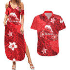 Personalised Dolphins Couples Matching Summer Maxi Dress and Hawaiian Shirt Polynesian Tribal Pattern With Rugby Dolphin Mascot Art