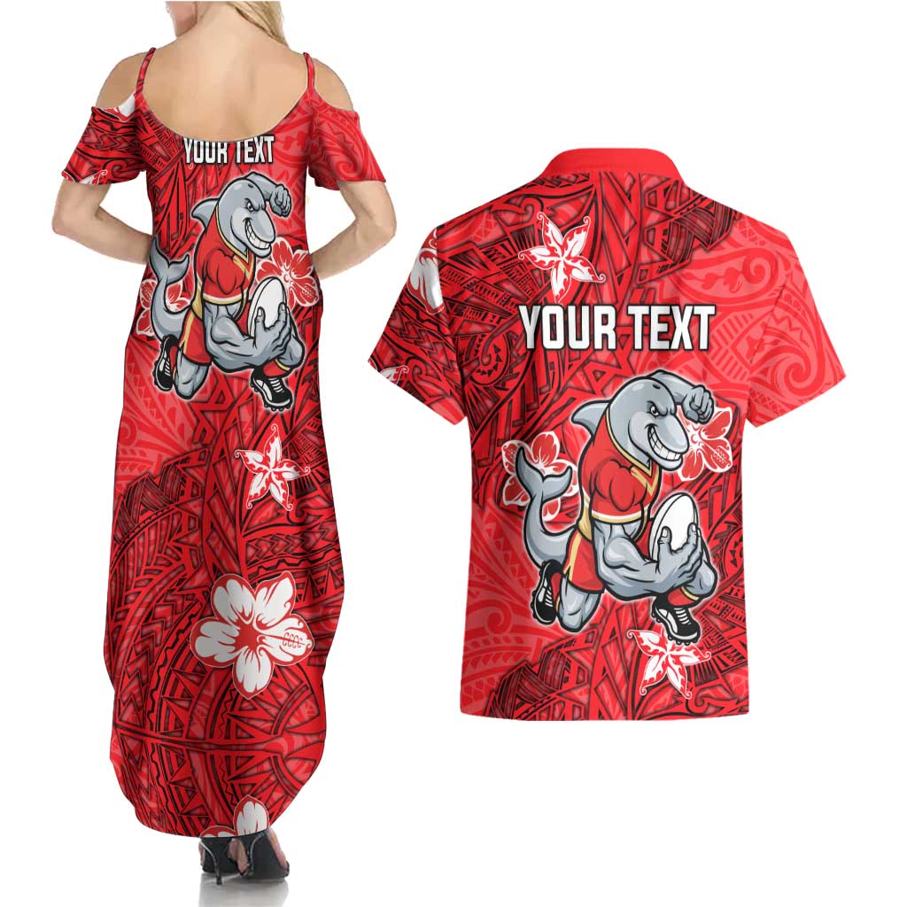 Personalised Dolphins Couples Matching Summer Maxi Dress and Hawaiian Shirt Polynesian Tribal Pattern With Rugby Dolphin Mascot Art