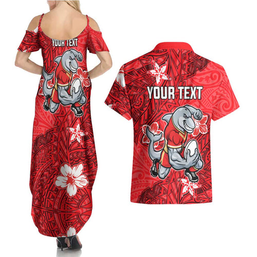 Personalised Dolphins Couples Matching Summer Maxi Dress and Hawaiian Shirt Polynesian Tribal Pattern With Rugby Dolphin Mascot Art