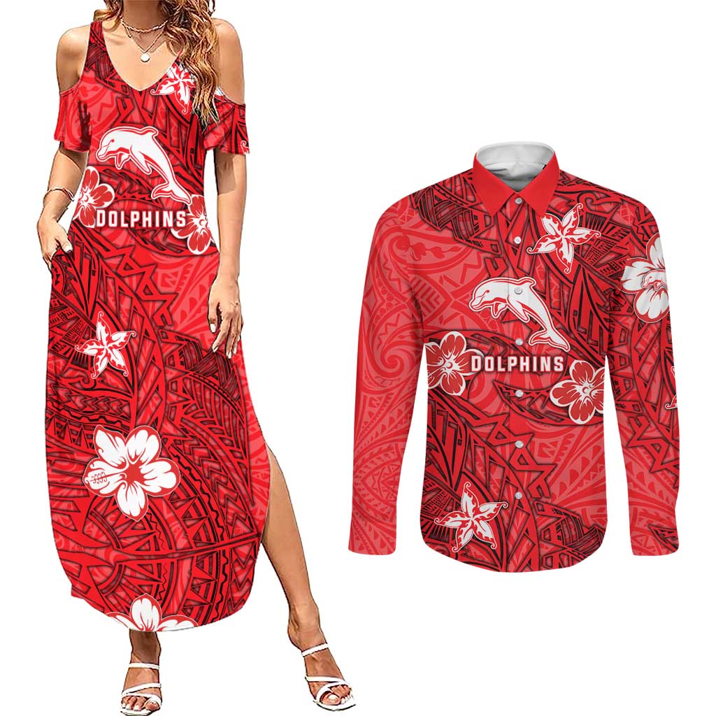 Personalised Dolphins Couples Matching Summer Maxi Dress and Long Sleeve Button Shirt Polynesian Tribal Pattern With Rugby Dolphin Mascot Art