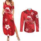 Personalised Dolphins Couples Matching Summer Maxi Dress and Long Sleeve Button Shirt Polynesian Tribal Pattern With Rugby Dolphin Mascot Art