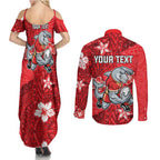Personalised Dolphins Couples Matching Summer Maxi Dress and Long Sleeve Button Shirt Polynesian Tribal Pattern With Rugby Dolphin Mascot Art