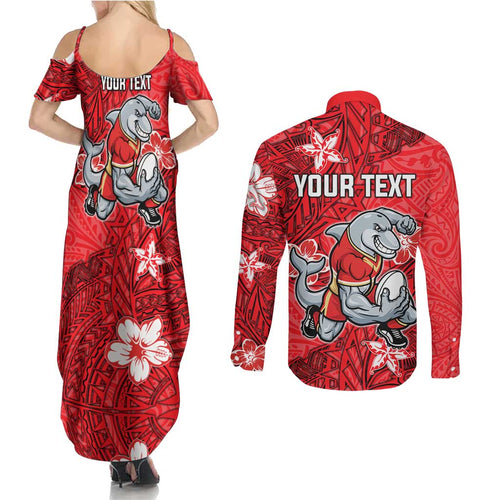 Personalised Dolphins Couples Matching Summer Maxi Dress and Long Sleeve Button Shirt Polynesian Tribal Pattern With Rugby Dolphin Mascot Art