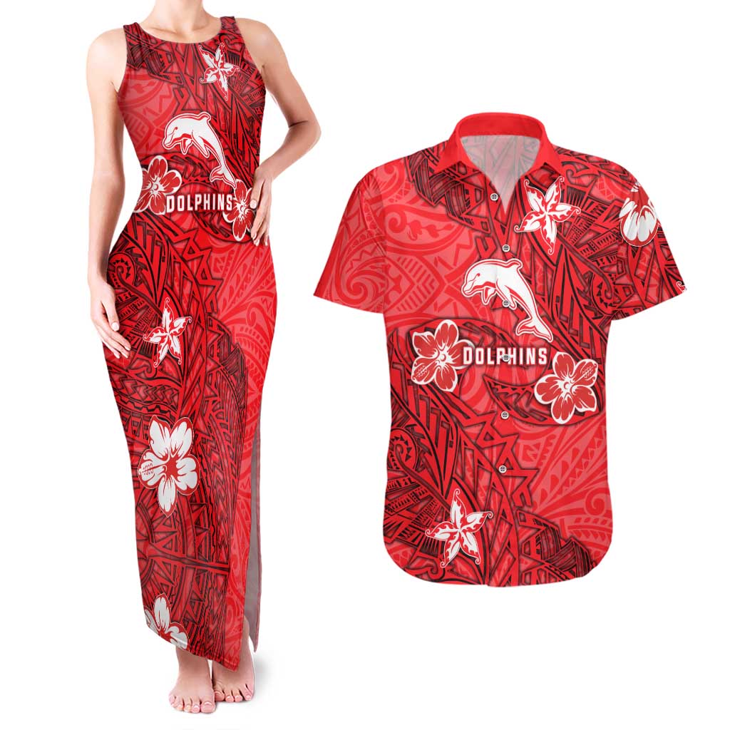 Personalised Dolphins Couples Matching Tank Maxi Dress and Hawaiian Shirt Polynesian Tribal Pattern With Rugby Dolphin Mascot Art