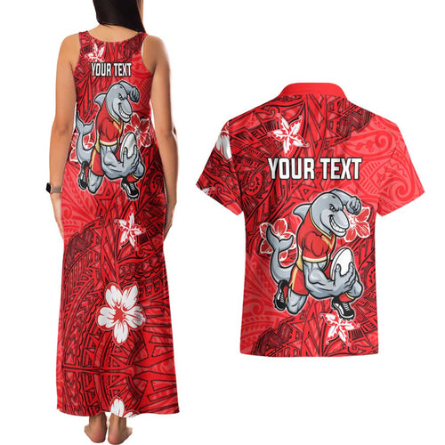 Personalised Dolphins Couples Matching Tank Maxi Dress and Hawaiian Shirt Polynesian Tribal Pattern With Rugby Dolphin Mascot Art