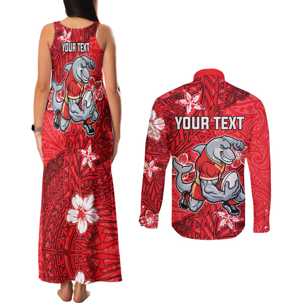 Personalised Dolphins Couples Matching Tank Maxi Dress and Long Sleeve Button Shirt Polynesian Tribal Pattern With Rugby Dolphin Mascot Art