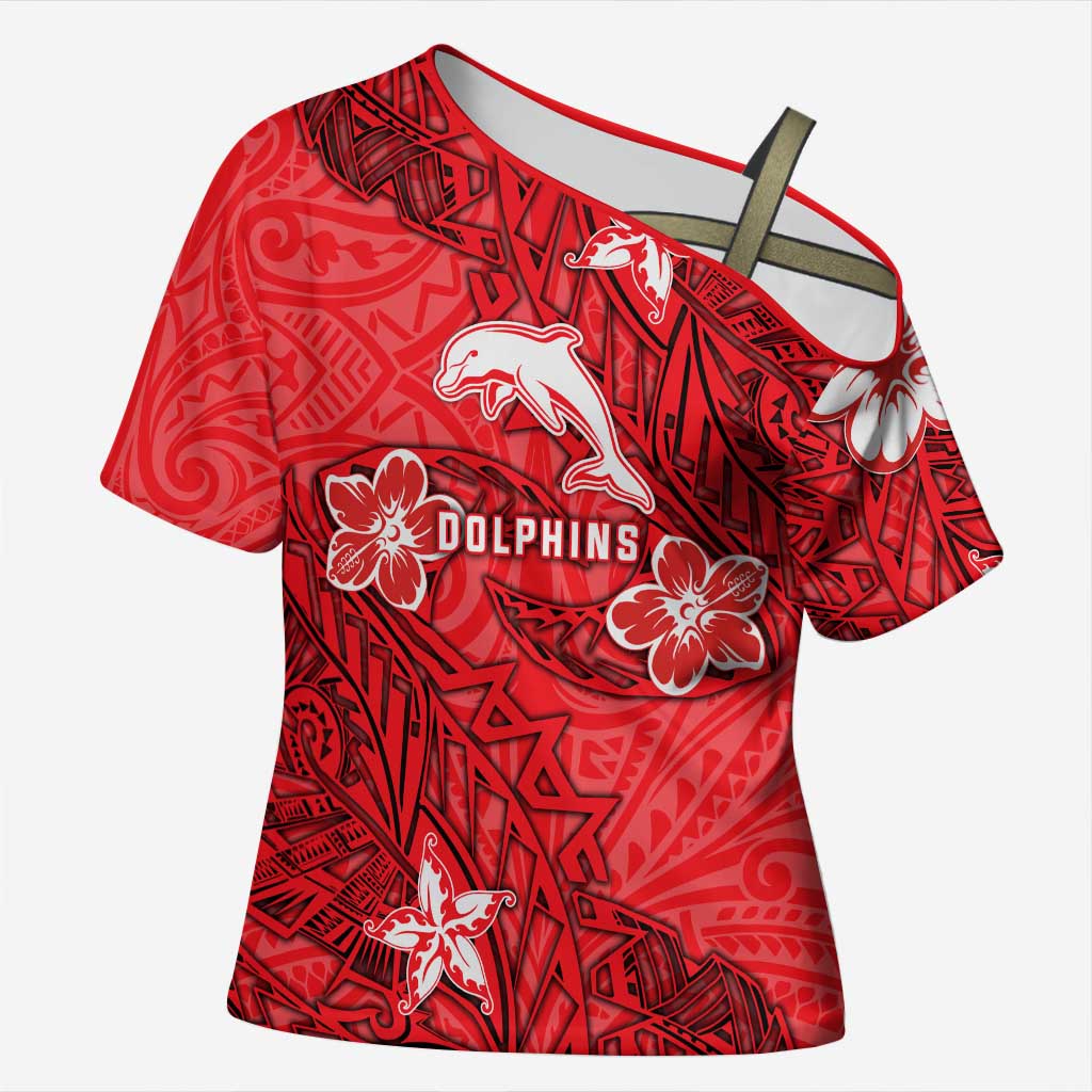 Personalised Dolphins Cross Shoulder Shirt Polynesian Tribal Pattern With Rugby Dolphin Mascot Art