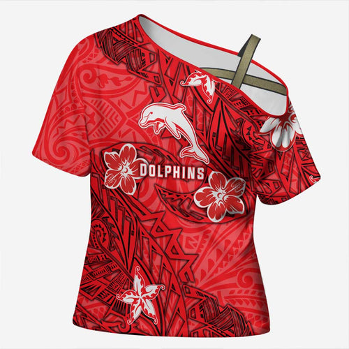 Personalised Dolphins Cross Shoulder Shirt Polynesian Tribal Pattern With Rugby Dolphin Mascot Art