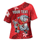 Personalised Dolphins Cross Shoulder Shirt Polynesian Tribal Pattern With Rugby Dolphin Mascot Art