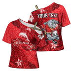 Personalised Dolphins Cross Shoulder Shirt Polynesian Tribal Pattern With Rugby Dolphin Mascot Art