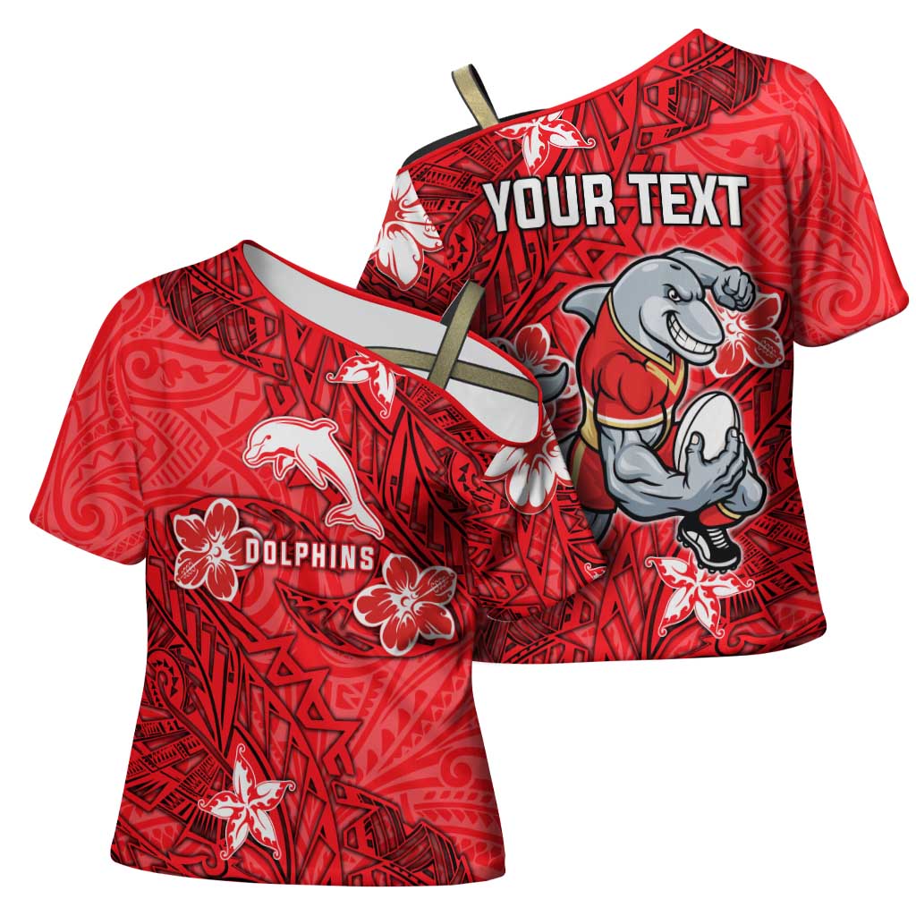 Personalised Dolphins Cross Shoulder Shirt Polynesian Tribal Pattern With Rugby Dolphin Mascot Art