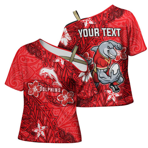 Personalised Dolphins Cross Shoulder Shirt Polynesian Tribal Pattern With Rugby Dolphin Mascot Art