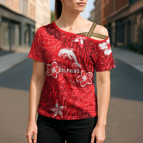 Personalised Dolphins Cross Shoulder Shirt Polynesian Tribal Pattern With Rugby Dolphin Mascot Art