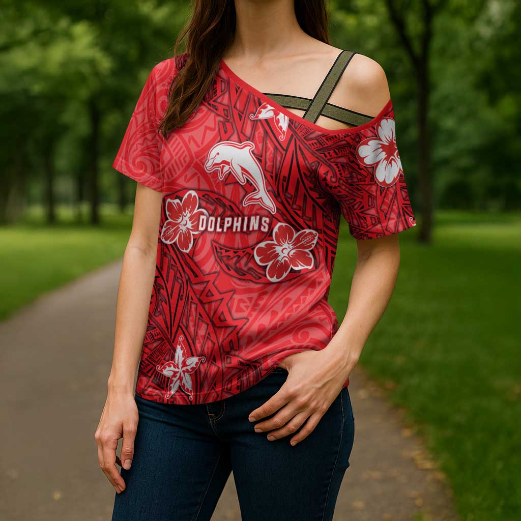 Personalised Dolphins Cross Shoulder Shirt Polynesian Tribal Pattern With Rugby Dolphin Mascot Art
