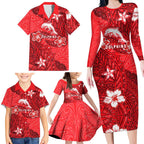 Personalised Dolphins Family Matching Long Sleeve Bodycon Dress and Hawaiian Shirt Polynesian Tribal Pattern With Rugby Dolphin Mascot Art