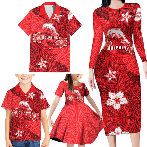 Personalised Dolphins Family Matching Long Sleeve Bodycon Dress and Hawaiian Shirt Polynesian Tribal Pattern With Rugby Dolphin Mascot Art