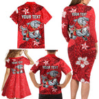 Personalised Dolphins Family Matching Long Sleeve Bodycon Dress and Hawaiian Shirt Polynesian Tribal Pattern With Rugby Dolphin Mascot Art