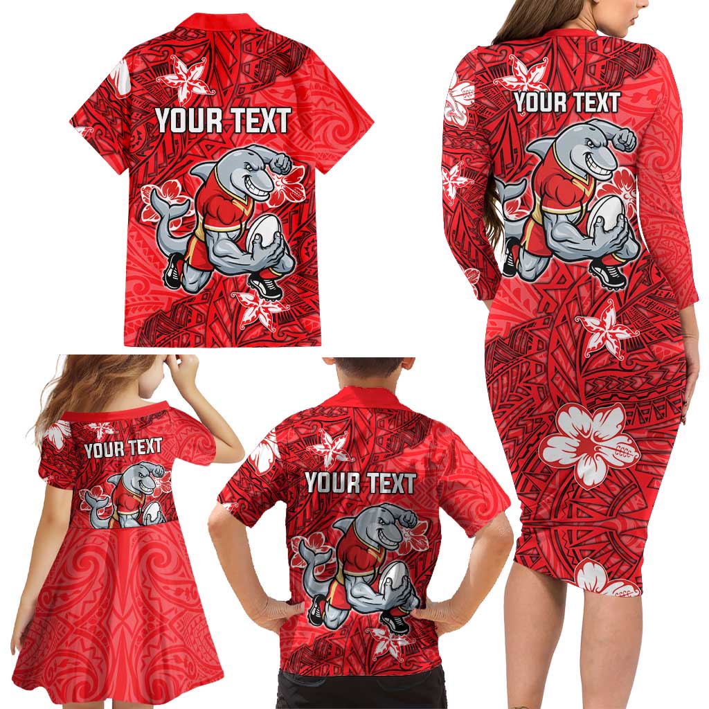 Personalised Dolphins Family Matching Long Sleeve Bodycon Dress and Hawaiian Shirt Polynesian Tribal Pattern With Rugby Dolphin Mascot Art