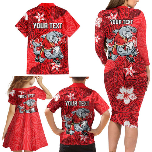 Personalised Dolphins Family Matching Long Sleeve Bodycon Dress and Hawaiian Shirt Polynesian Tribal Pattern With Rugby Dolphin Mascot Art