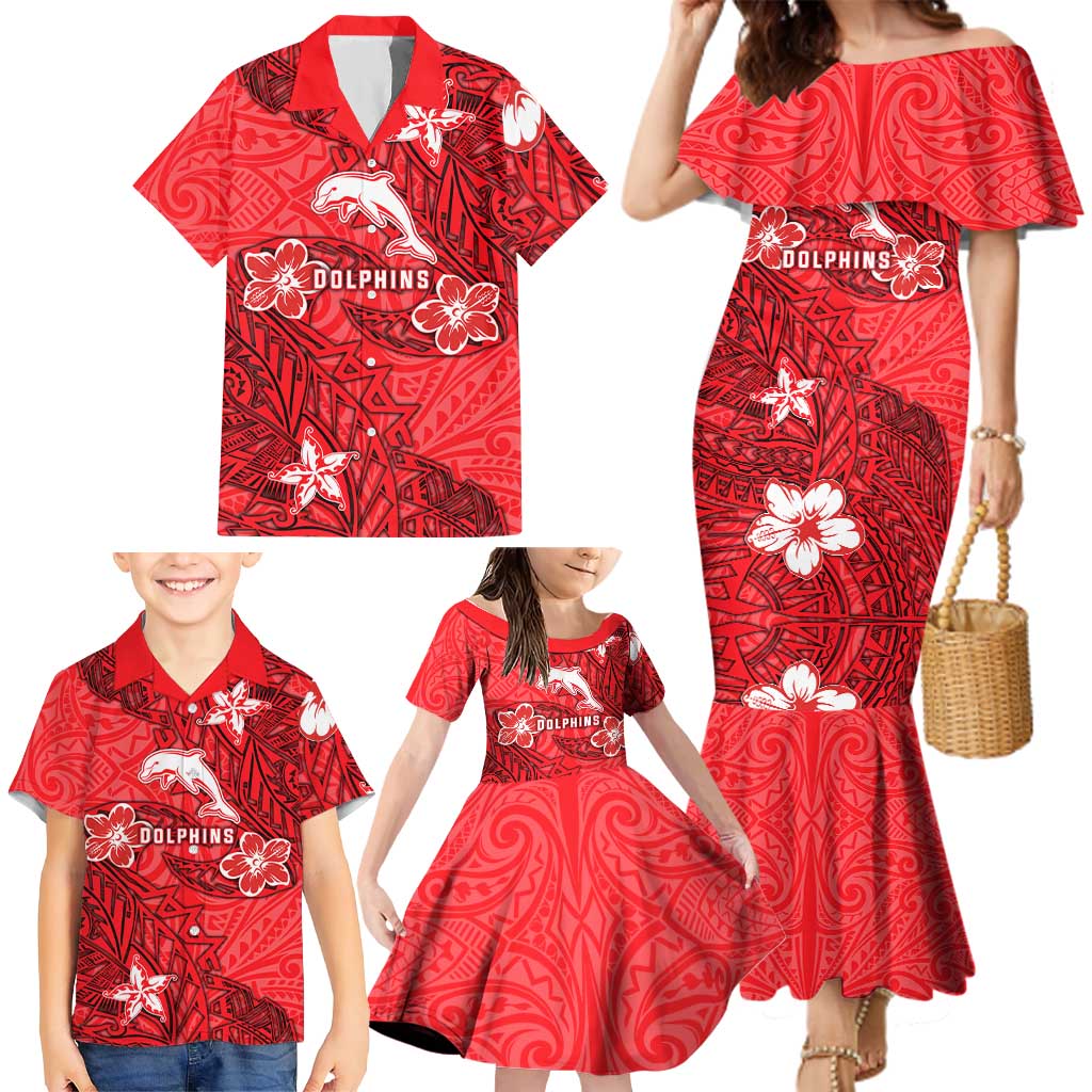 Personalised Dolphins Family Matching Mermaid Dress and Hawaiian Shirt Polynesian Tribal Pattern With Rugby Dolphin Mascot Art