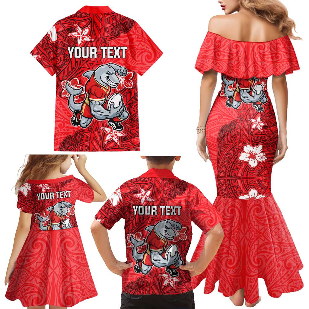 Personalised Dolphins Family Matching Mermaid Dress and Hawaiian Shirt Polynesian Tribal Pattern With Rugby Dolphin Mascot Art