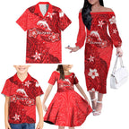Personalised Dolphins Family Matching Off The Shoulder Long Sleeve Dress and Hawaiian Shirt Polynesian Tribal Pattern With Rugby Dolphin Mascot Art
