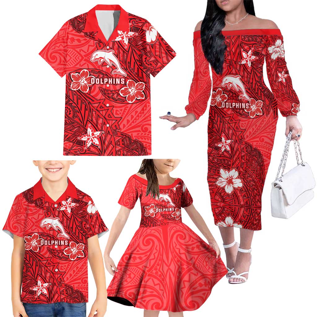 Personalised Dolphins Family Matching Off The Shoulder Long Sleeve Dress and Hawaiian Shirt Polynesian Tribal Pattern With Rugby Dolphin Mascot Art