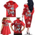 Personalised Dolphins Family Matching Off The Shoulder Long Sleeve Dress and Hawaiian Shirt Polynesian Tribal Pattern With Rugby Dolphin Mascot Art