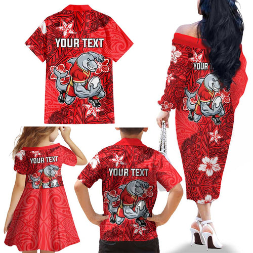 Personalised Dolphins Family Matching Off The Shoulder Long Sleeve Dress and Hawaiian Shirt Polynesian Tribal Pattern With Rugby Dolphin Mascot Art
