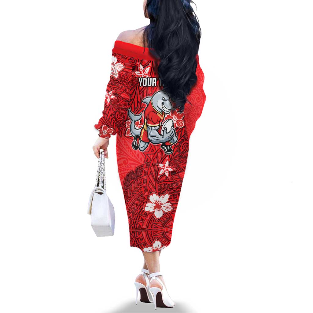 Personalised Dolphins Family Matching Off The Shoulder Long Sleeve Dress and Hawaiian Shirt Polynesian Tribal Pattern With Rugby Dolphin Mascot Art