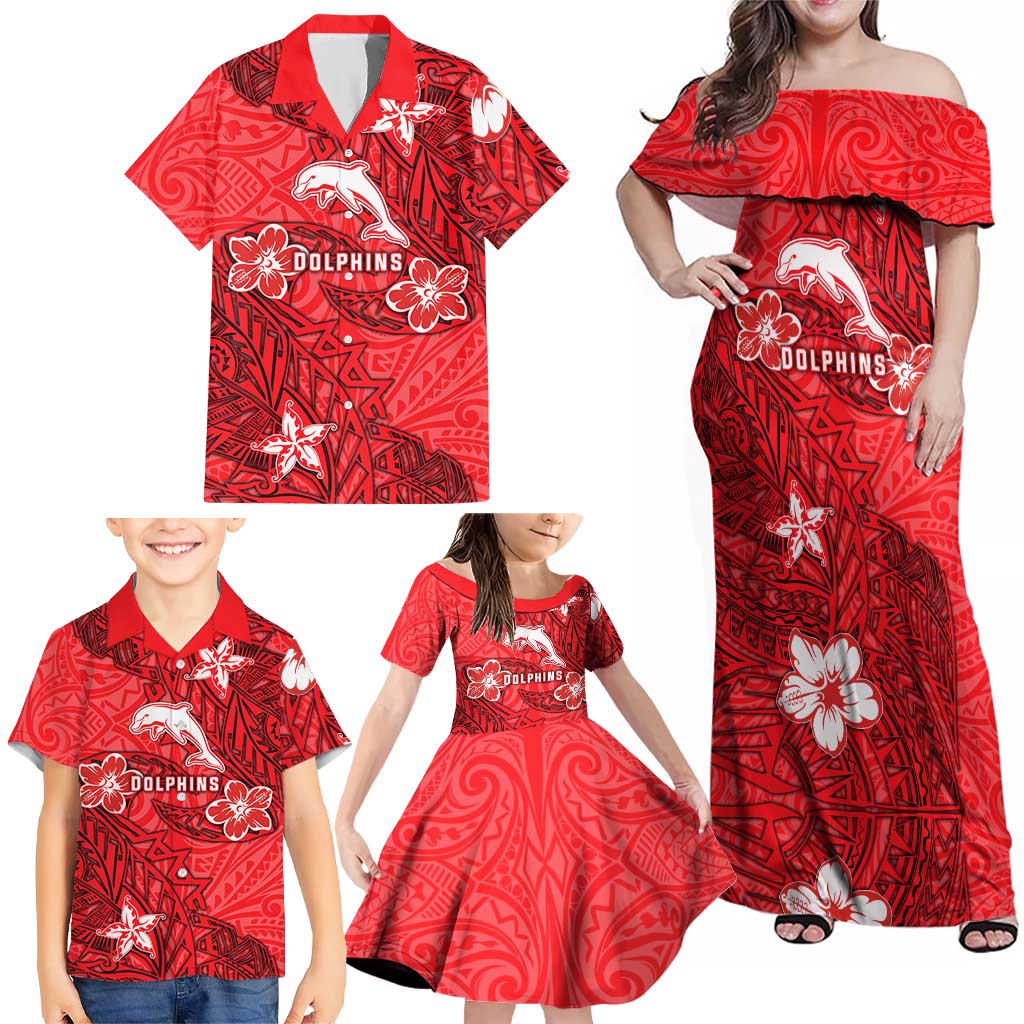 Personalised Dolphins Family Matching Off Shoulder Maxi Dress and Hawaiian Shirt Polynesian Tribal Pattern With Rugby Dolphin Mascot Art