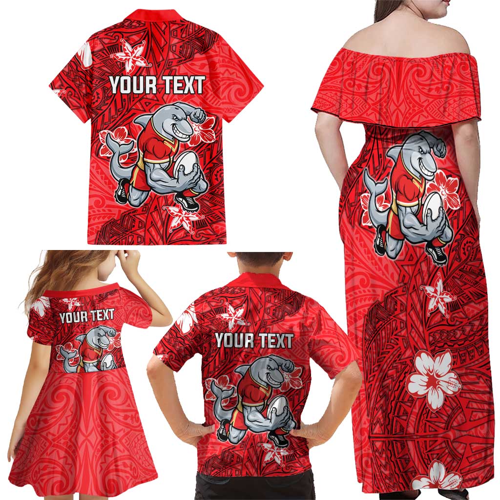 Personalised Dolphins Family Matching Off Shoulder Maxi Dress and Hawaiian Shirt Polynesian Tribal Pattern With Rugby Dolphin Mascot Art