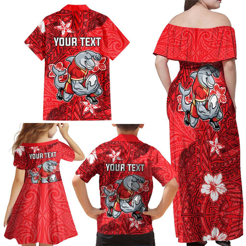 Personalised Dolphins Family Matching Off Shoulder Maxi Dress and Hawaiian Shirt Polynesian Tribal Pattern With Rugby Dolphin Mascot Art