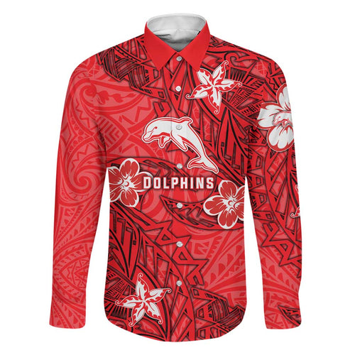 Personalised Dolphins Family Matching Off Shoulder Maxi Dress and Hawaiian Shirt Polynesian Tribal Pattern With Rugby Dolphin Mascot Art